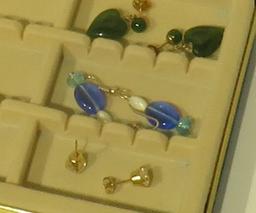 small earring case with 5 pair earrings (1) 14k gold setting, (1) 10k gold setting (1) sterling circ
