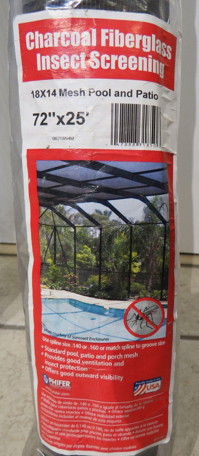 Charcoal Fiberglass Insect screening for pool enclosures (1 roll -72" x 25") and (1 roll -80" x 25")