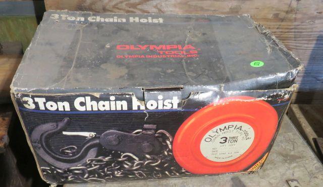 Olympia 3 Ton Chain Hoist type HS Lift 10ft, test load 4.5 ton (New in Box)