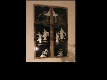 Oriental Asian Chinese Geishas Wall Art 4 Panel Mother of Pearl, Black Lacq