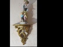 Gold leaf wood sconces with 13" ceramic unsigned figurines