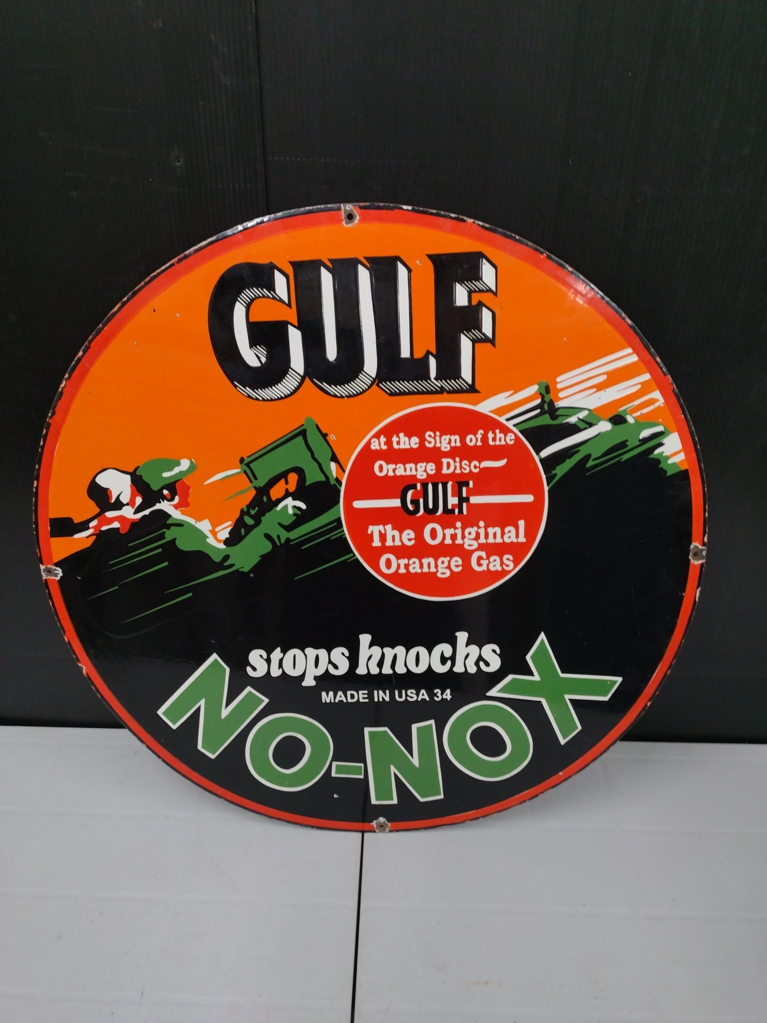Double-Sided Embossed Porcelain Gulf No-Nox Advertising Sign
