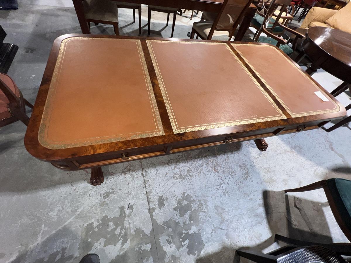 Mirtle Burl Desk ,Leather Top with Gold Details,Hand Carved Base with Claw Footing - Made in Italy b