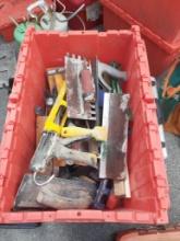 Box of various tools with plastic bin