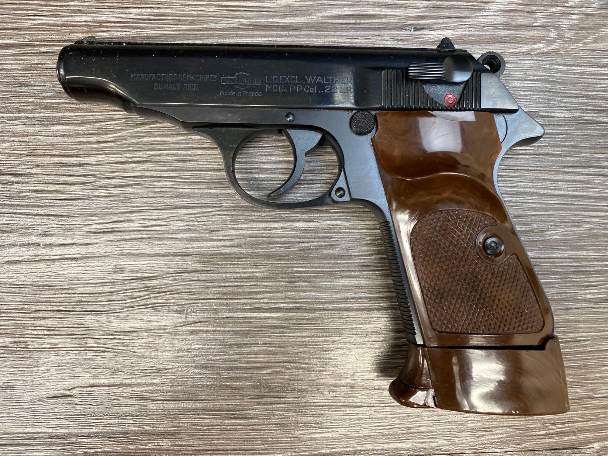 RARE MANURHIN WALTHER MODEL PP SEMI-AUTO .22 LR CAL WITH EXTENDED GRIP/MAGAZINE SWEDISH POLICE