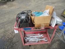 SET OF OPEN/BOX END WRENCHES 1'' - 2.5'', SPEEDAIRE 1HP AIR COMPRESSOR, CART, & ASSORTED POWER TOOL