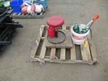 SHOP STOOL, CABLE COME-ALONG, WATER HOSE & GAS CAN