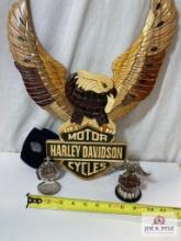 Franklin Mint Harley Davidson pocket watch with case, Eagle holder and wood wall art