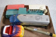 Plastic toy train cars and car