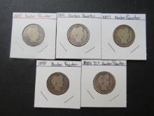 1898, 1899, 1900, 1907, 1908-D Barber Quarters