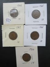 1904, (2)1905, 1906, 1907 Indian Head Penny