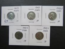 (2) 1943, 1943-D, (2) 1943-S Steel Wheat Penny