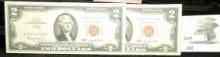 Pair of Series 1963 $2 U.S. Notes, Red Seal, CU in sequential serial numbers.