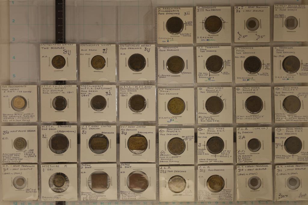 35 METAL APOTHECARY WEIGHTS: 2 DRACHMS, SCRUPLES,