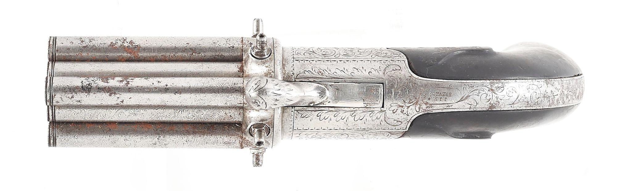 (A) UNUSUAL 8 BARREL BELGIAN J.J.H. BREVETE PERCUSSION PEPPERBOX REVOLVER.