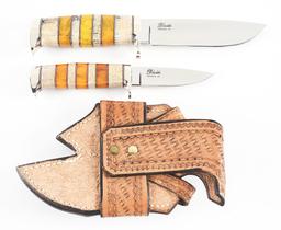 D'HOLDER CUSTOM KNIVES 2 KNIFE SET WITH TOOLED LEATHER DOUBLE SCABBARD.