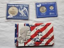 1979 Susan B Anthony 3 Coin Set & 1997 Silver Eagle & Two Silver Classics Set