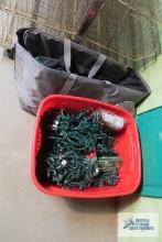Tote of Christmas lights and tote bags