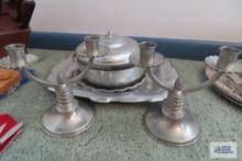 Hammered aluminum trays, covered casserole and candle holders