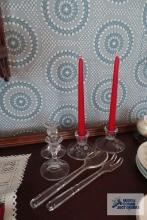 Etched glass candle holders and salad set