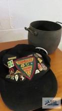 Stambaugh Mahoning Valley boy scout hat with assorted pins. cast iron kettle.