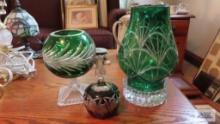 Green and clear glass vases and cranberry glass bell
