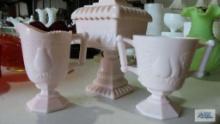 Pink milk glass covered candy dish, creamer and sugar