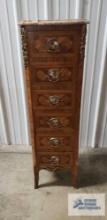 Antique lingerie cabinet with marble top. 46 in. tall by 14 in. long by 11 in. deep