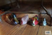 Wooden duck telephone, brass duck figurine and other duck figurines