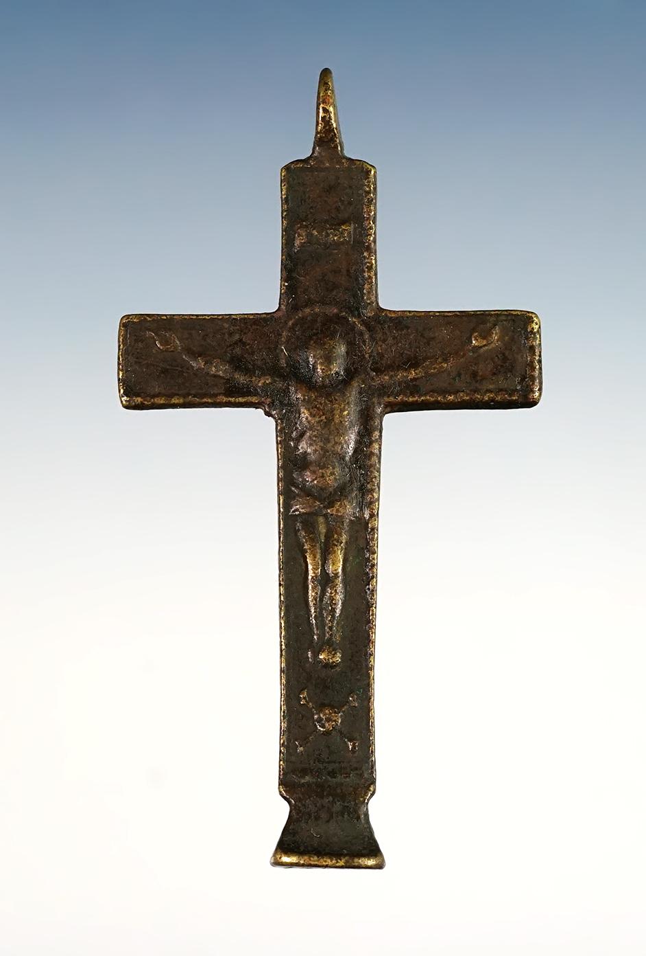 Rare style on this 2" Brass Cross with pedestal foot base. White Springs Site in Geneva, New York.