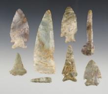Set of 8 nice points made from Indiana Green (Attica chert). Found in Indiana.