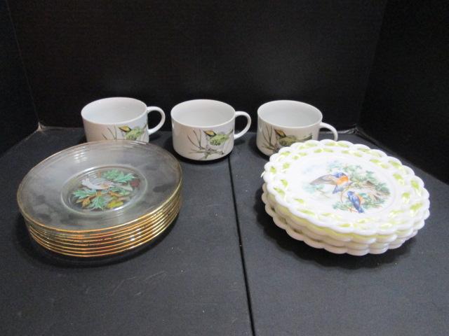 Bird Themed Clear Plates, Open Edge Milk Glass Plates and Soup Mugs