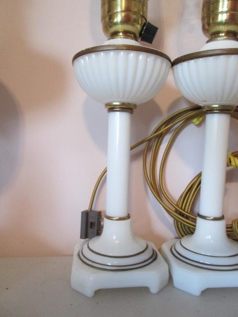 Pair of Electric Milk Glass Lamps with Gold Accents