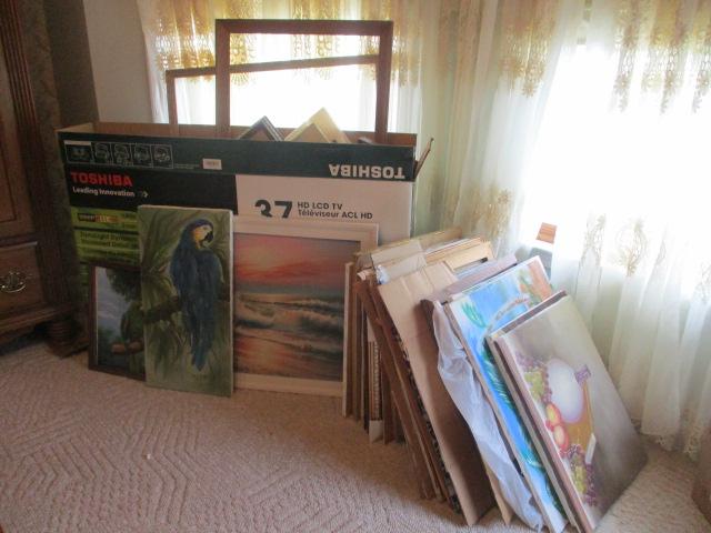 Large Grouping of Vintage Original Canvas Artworks, Framed Prints and Wood Frames