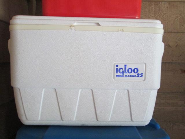 Three Coolers-Igloo 60 qt. Roller, Igloo 25 qt. Marine Cooler and GOTT 8 qt. Cooler