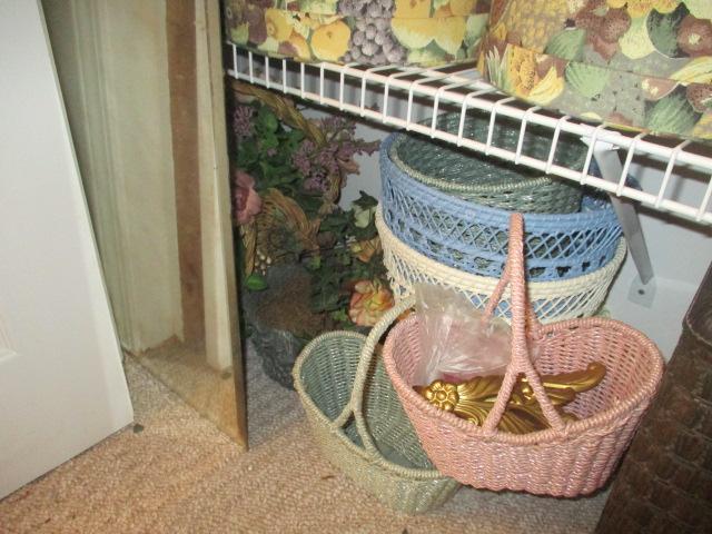 Closet Contents-Dried Floral Wreaths, Artificial Florals, Woven Waste Baskets,