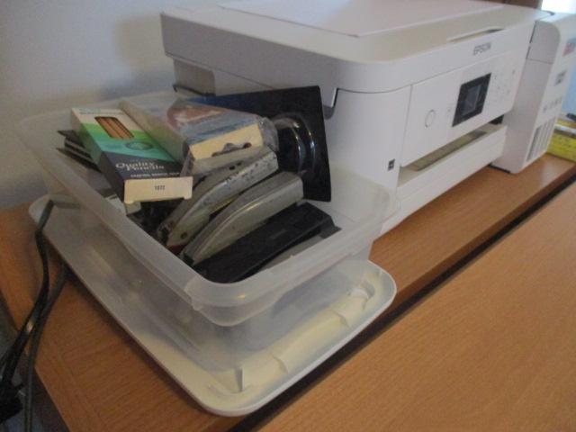 Computer Desk, Rolling Office Chair, Royal Paper Shredder, Epson Wireless Printer,