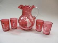 Vintage Mary Gregory Cranberry Glass Pitcher w/Ruffled Edge 9" and 4 Glasses