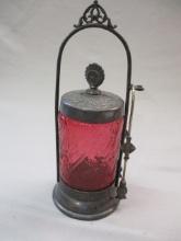 Vintage Cranberry Glass Pickle Caster w/Tongs 10 1/2"