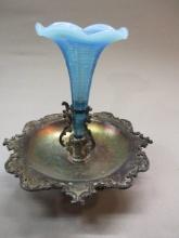 Blue Glass Threaded Epergne on Silverplated Base  By EG Webster 6"w X 7"h