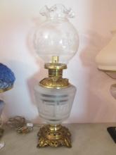 Electric Parlor Lamp with Frosted Greek Key Design Body, Brass Oil Font and