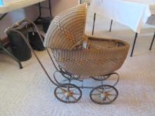 Antique Woven Wicker Baby Stroller with Wood Spoke/Rubber Tire Wheels