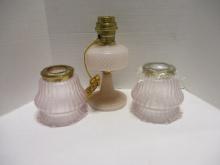 B&P Electric Pink Quilted Design Oil Font and Post Oil Lamp and Two Frosted Pink Ruffle Shades