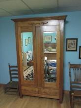 Large Antique Victorian Oak Wardrobe with Drawers and Beveled Mirror Doors