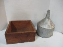 Large Old Metal Funnel and Primitive Wood Box
