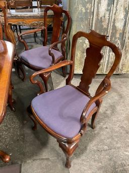 Vintage Burled Wood Expanding Dining Table w/ 2 Leaves, Covers & 13 Scroll-back Chairs. See pics.