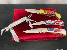 Marbles Multitool, 3x Patriotic Knives & USA Olympics Set in case