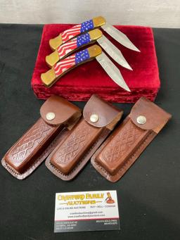 Trio of Patriotic American Flag Knives w/ Leather Cases