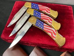 Trio of Patriotic American Flag Knives w/ Leather Cases