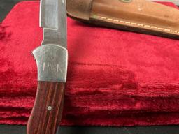 Vintage Buck 532+ Folding Pocket Knife, w/ leather sheath, 2.5 inch blade, Wooden handle